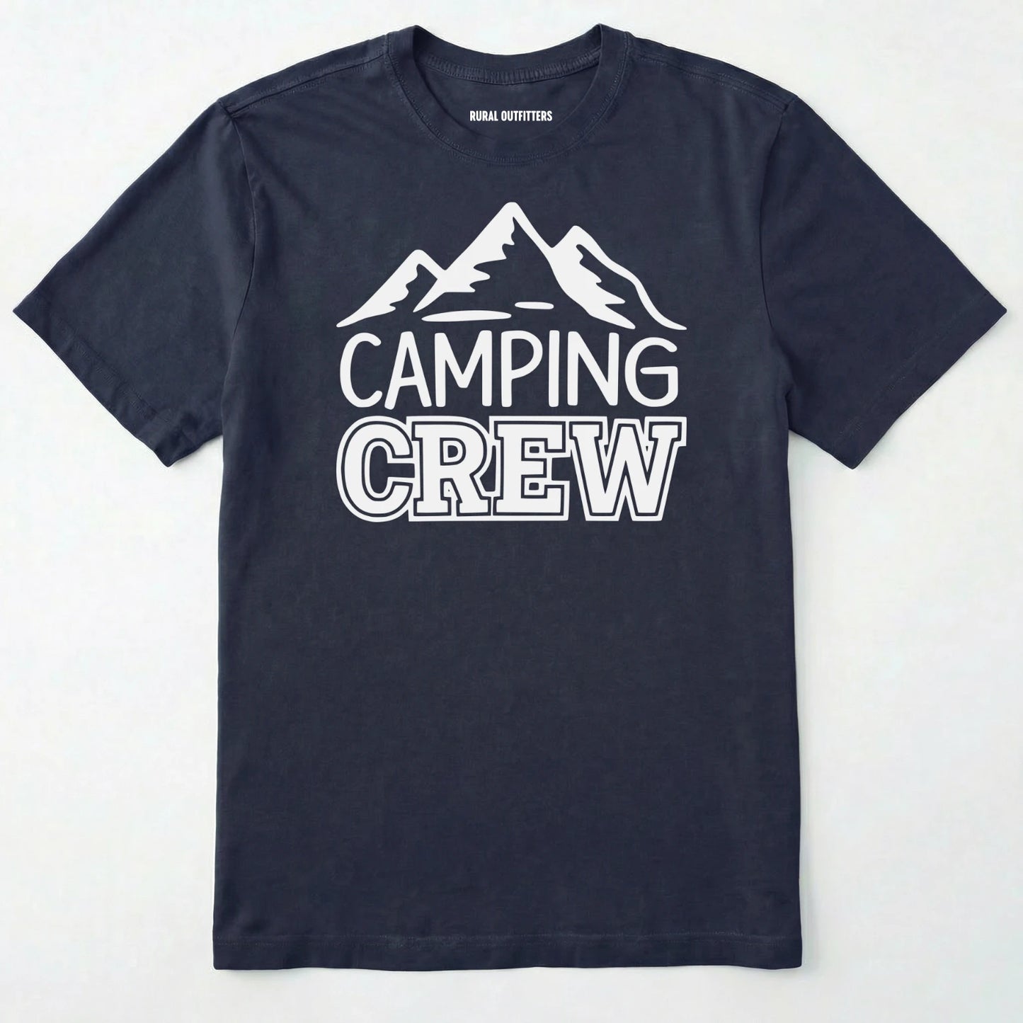 Navy camping crew t-shirt with 'camping crew' text and mountain graphic.