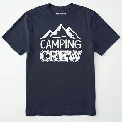 Navy camping crew t-shirt with 'camping crew' text and mountain graphic.