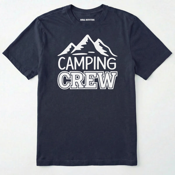 Navy camping crew t-shirt with 'camping crew' text and mountain graphic.