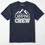 Navy camping crew t-shirt with 'camping crew' text and mountain graphic.