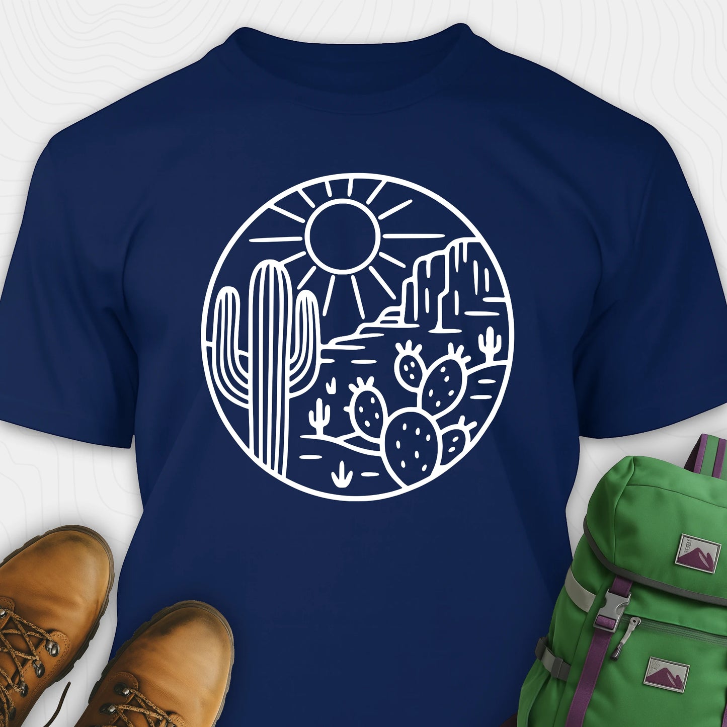 Navy cactus shirt featuring desert landscape and cactus illustration