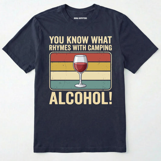 Navy you know what rhymes with camping alcohol t-shirt with a wine glass graphic and retro stripes on a white background