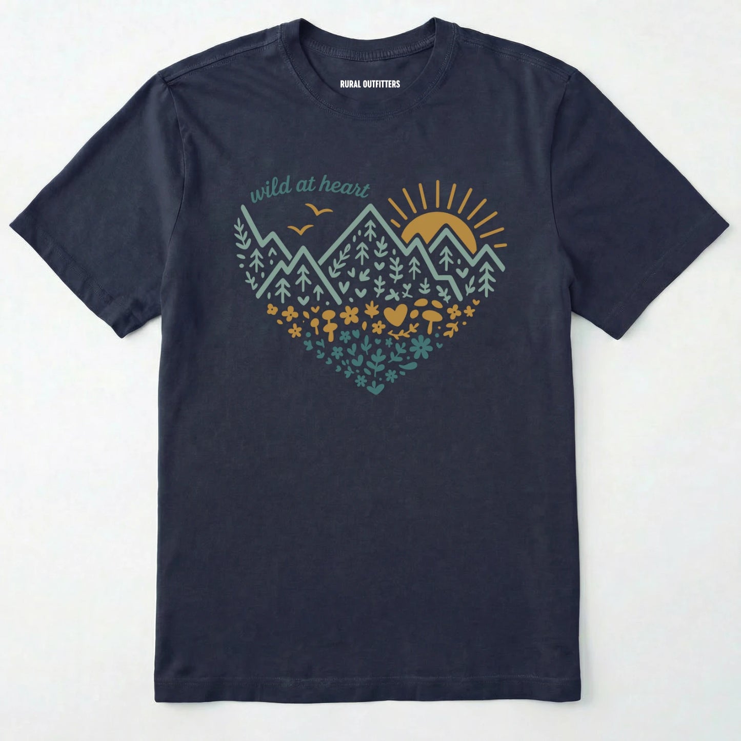 Navy wild at heart t-shirt featuring a nature-inspired heart graphic on a white background.