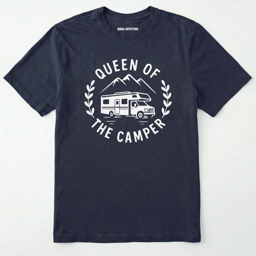 Navy queen of the camper shirt with RV graphic and mountain design on a white background.