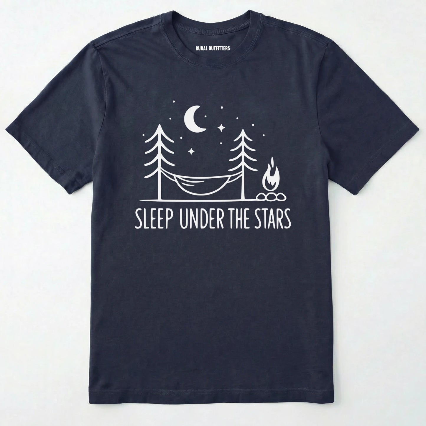 Navy night sky shirt with hammock, moon, stars and campfire design on a white background.