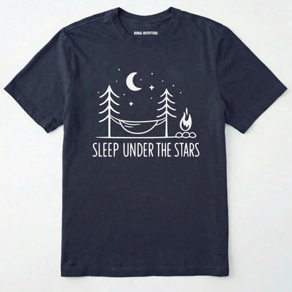 Navy night sky shirt with hammock, moon, stars and campfire design on a white background.