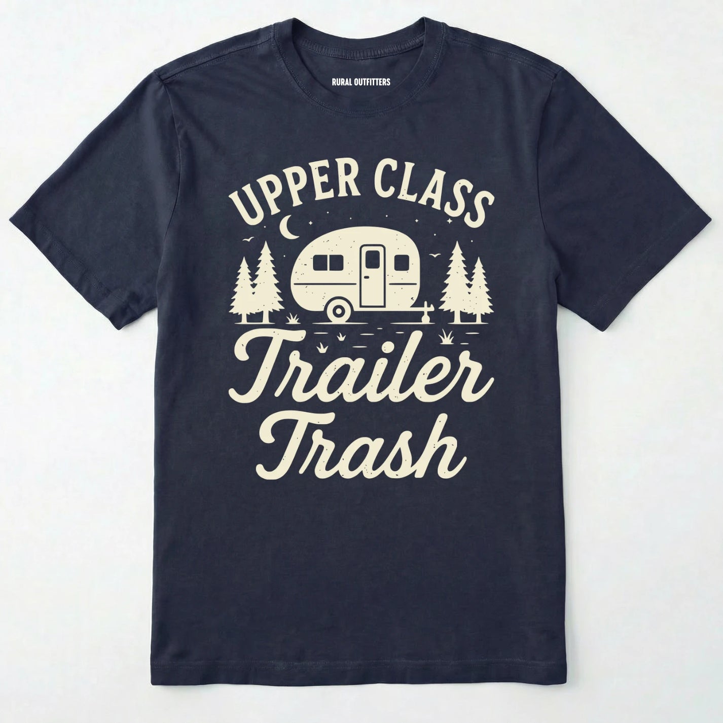 Navy Upper Class Trailer Trash t-shirt with camper graphic on a white background