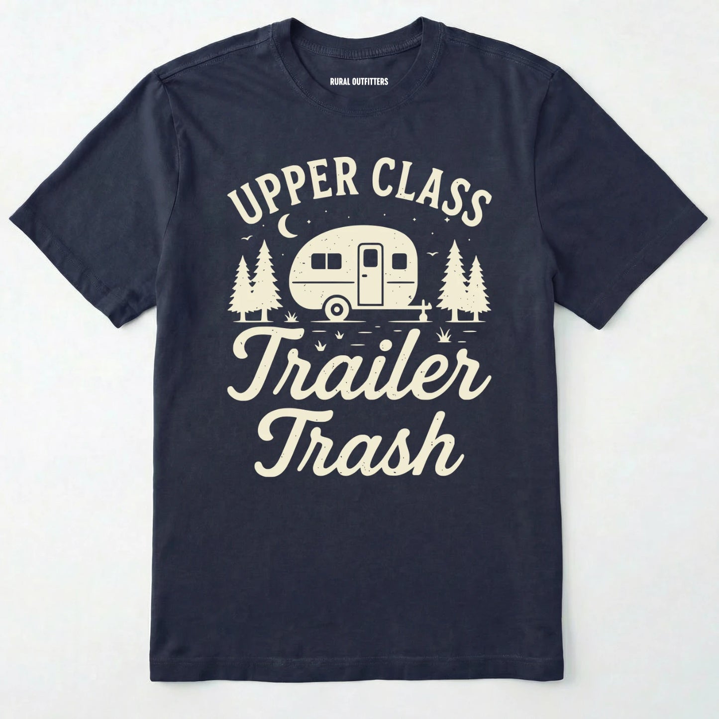 Navy Upper Class Trailer Trash t-shirt with camper graphic on a white background