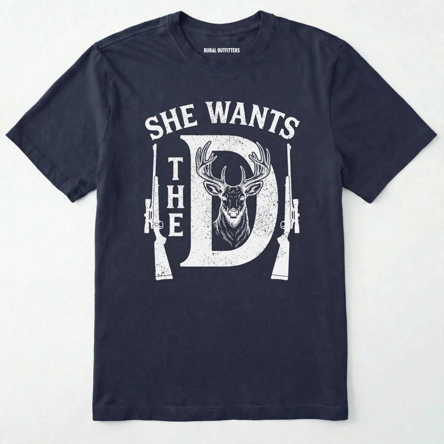 Navy t-shirt with white graphic design featuring a deer and rifles on a white background