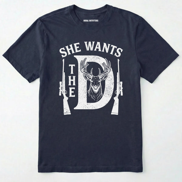 Navy t-shirt with white graphic design featuring a deer and rifles on a white background
