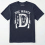Navy t-shirt with white graphic design featuring a deer and rifles on a white background