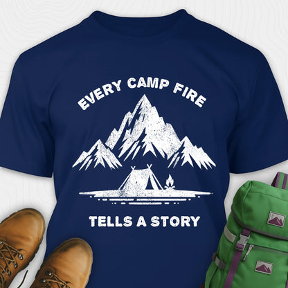 Navy campfire story shirt with mountains and tent graphic and "every camp fire tells a story" text