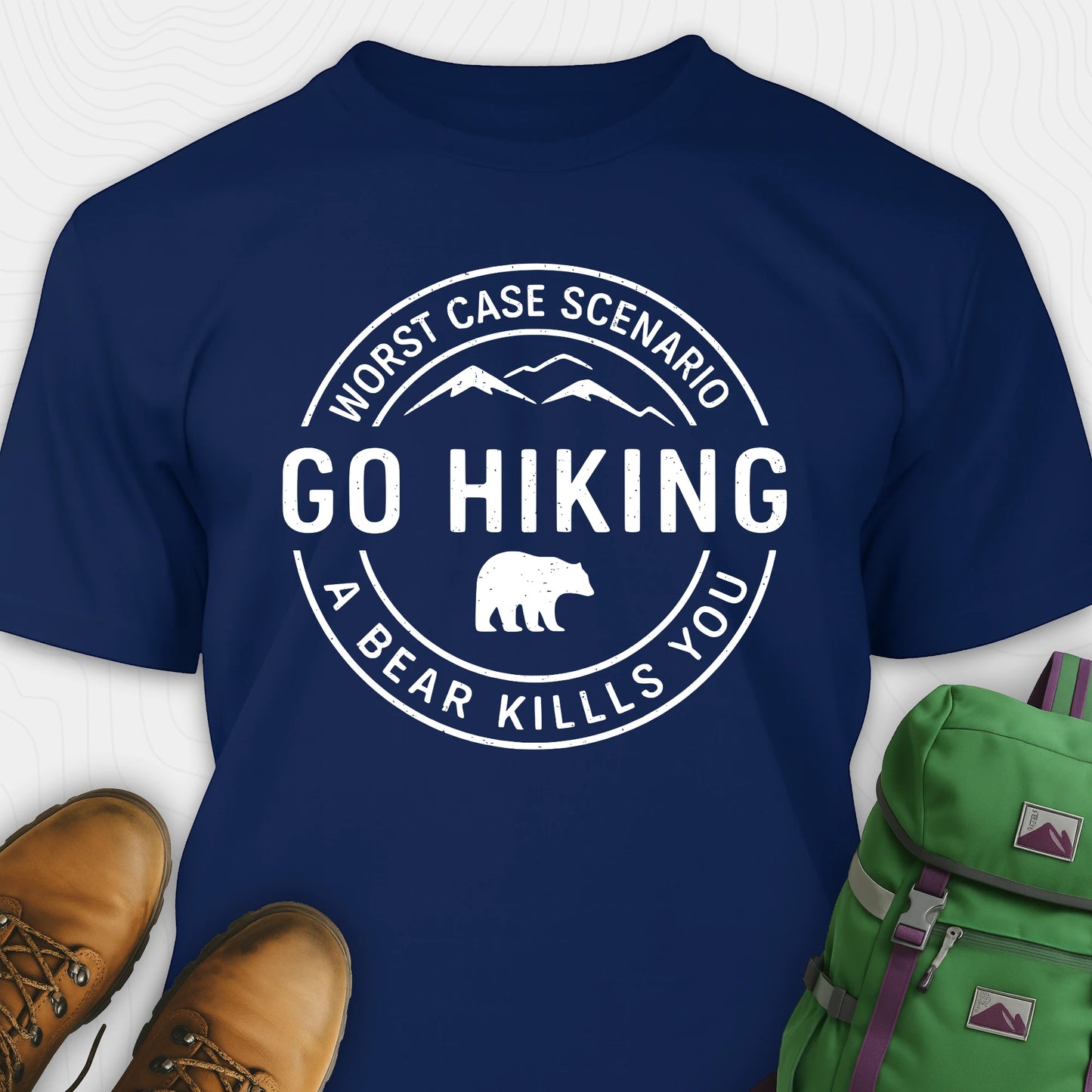 Navy funny hiking shirt with circular go hiking graphic and bear illustration