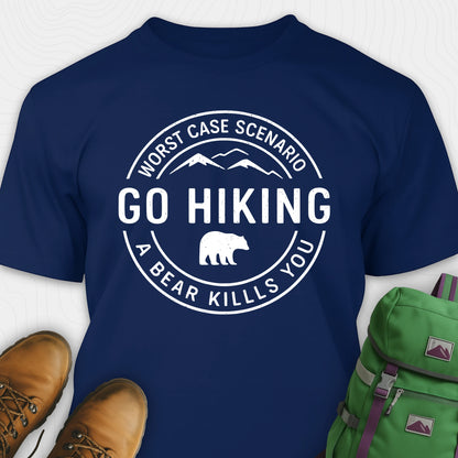 Navy funny hiking shirt with circular go hiking graphic and bear illustration