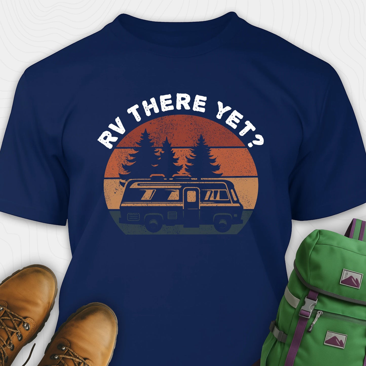 Navy rv there yet shirt with retro rv, pine trees and sunset graphic
