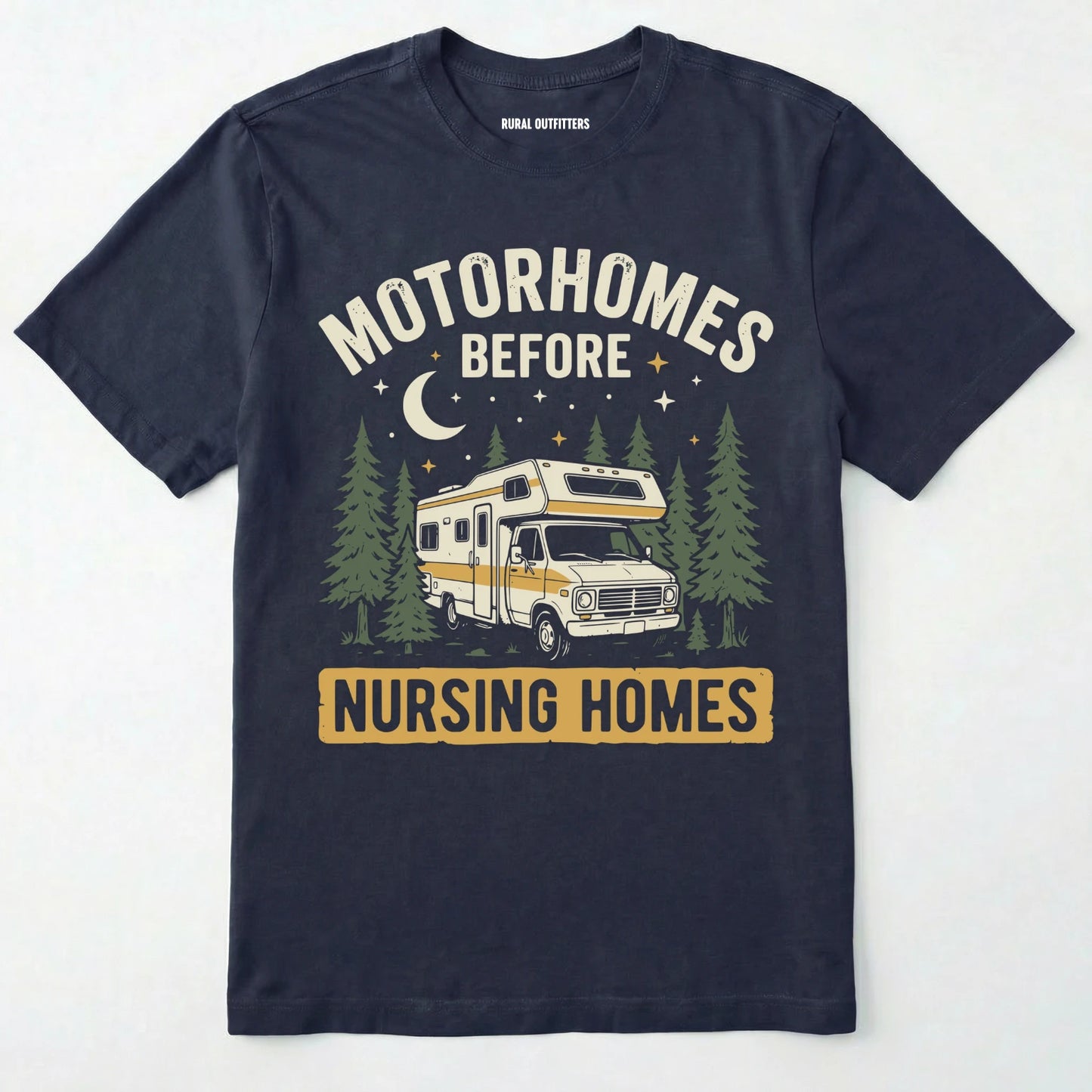 Navy blue t-shirt with a graphic of a motorhome and text on a white background