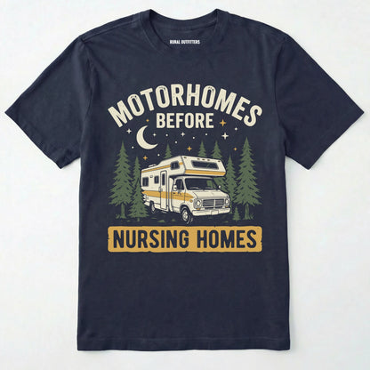 Navy blue t-shirt with a graphic of a motorhome and text on a white background