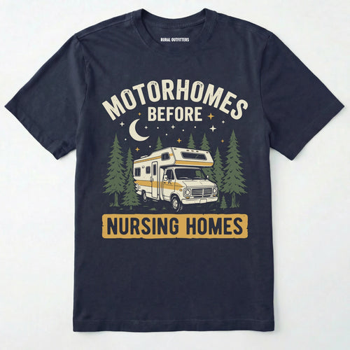 Navy blue t-shirt with a graphic of a motorhome and text on a white background