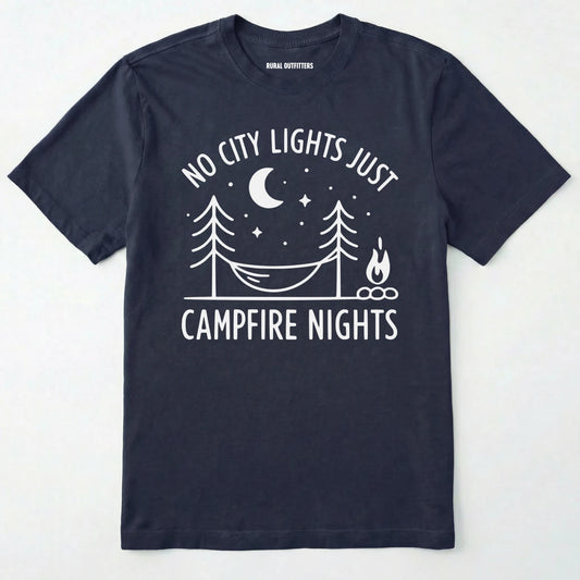 Black no city lights just campfire nights shirt with hammock and campfire graphic on a white background.