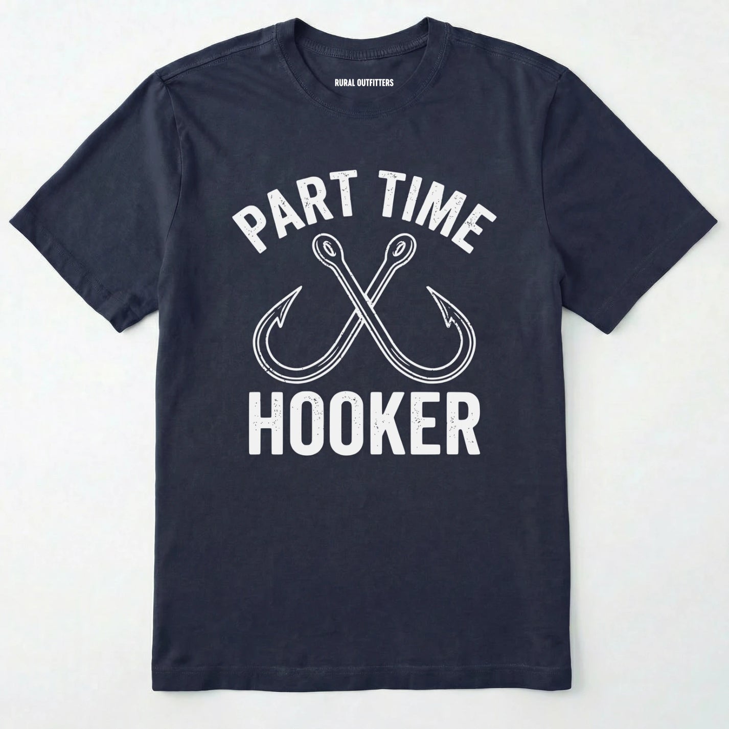 Navy t-shirt with 'part time hooker' text and fish hooks on a white background