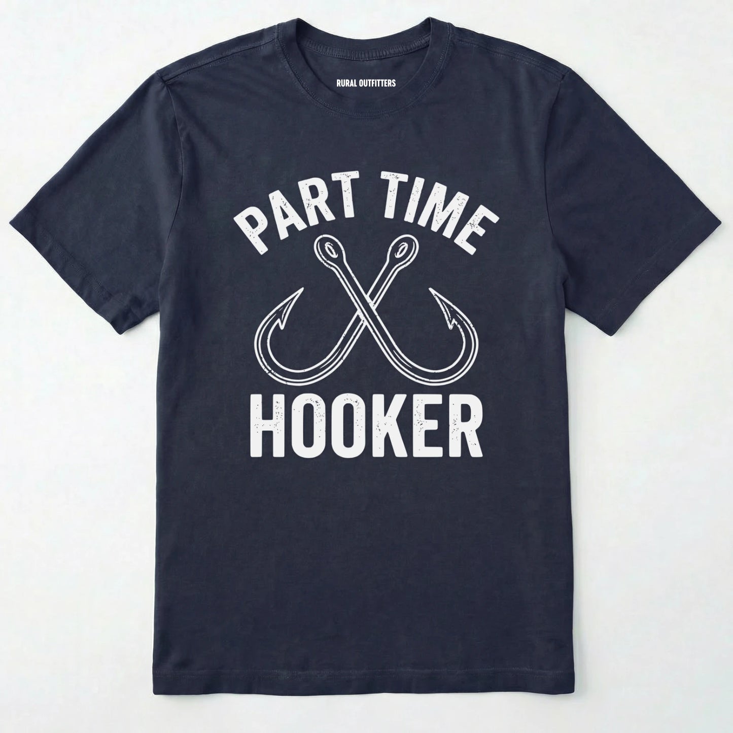 Navy t-shirt with 'part time hooker' text and fish hooks on a white background