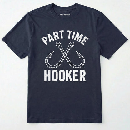 Navy t-shirt with 'part time hooker' text and fish hooks on a white background