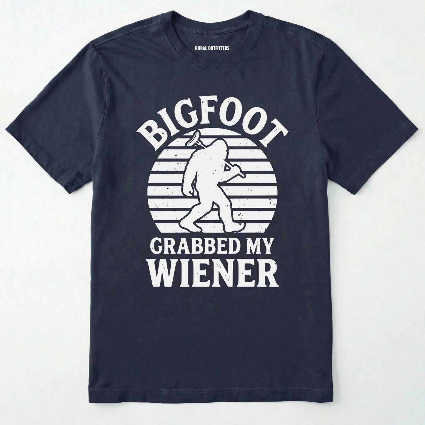 Navy bigfoot grabbed my wiener t-shirt with a funny design and text, on a plain white background.