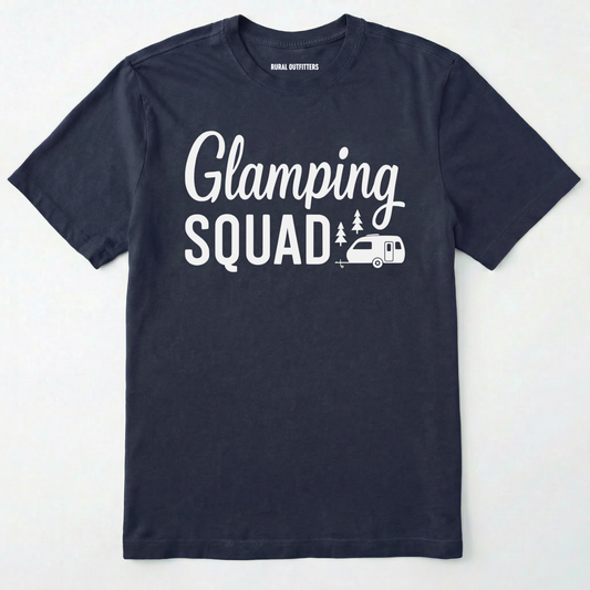 Navy glamper shirt with cute camper and trees design and "Glamping squad" text on a white background.