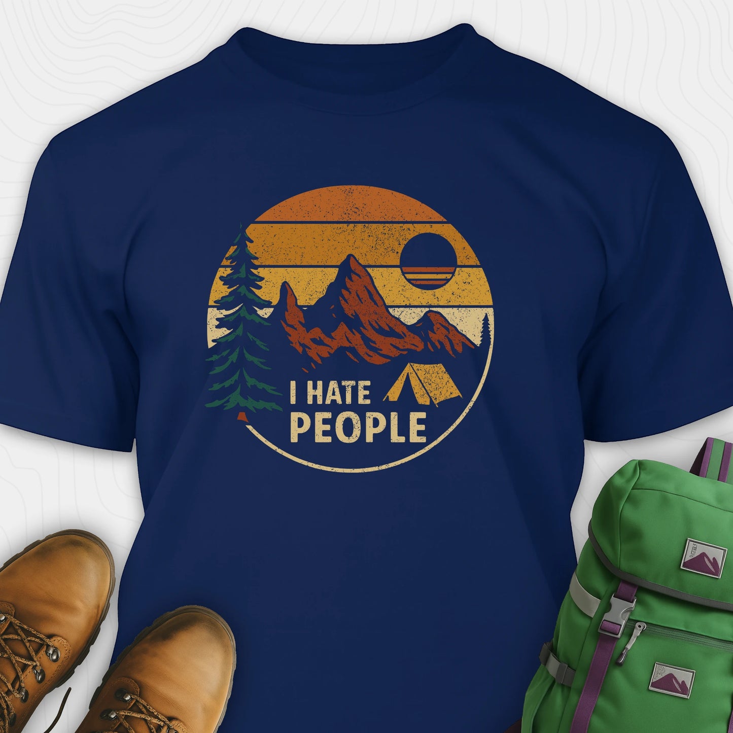 Navy I hate people tee with vintage mountains, sunset, pine tree and tent graphic