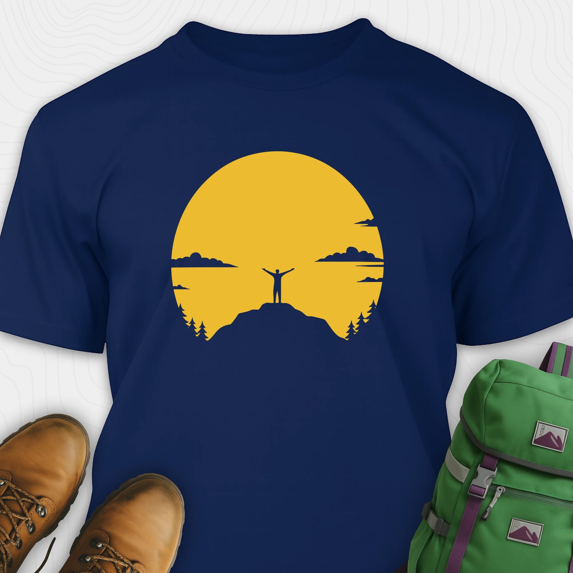 Navy climbing shirt with yellow sunset and mountain climber silhouette