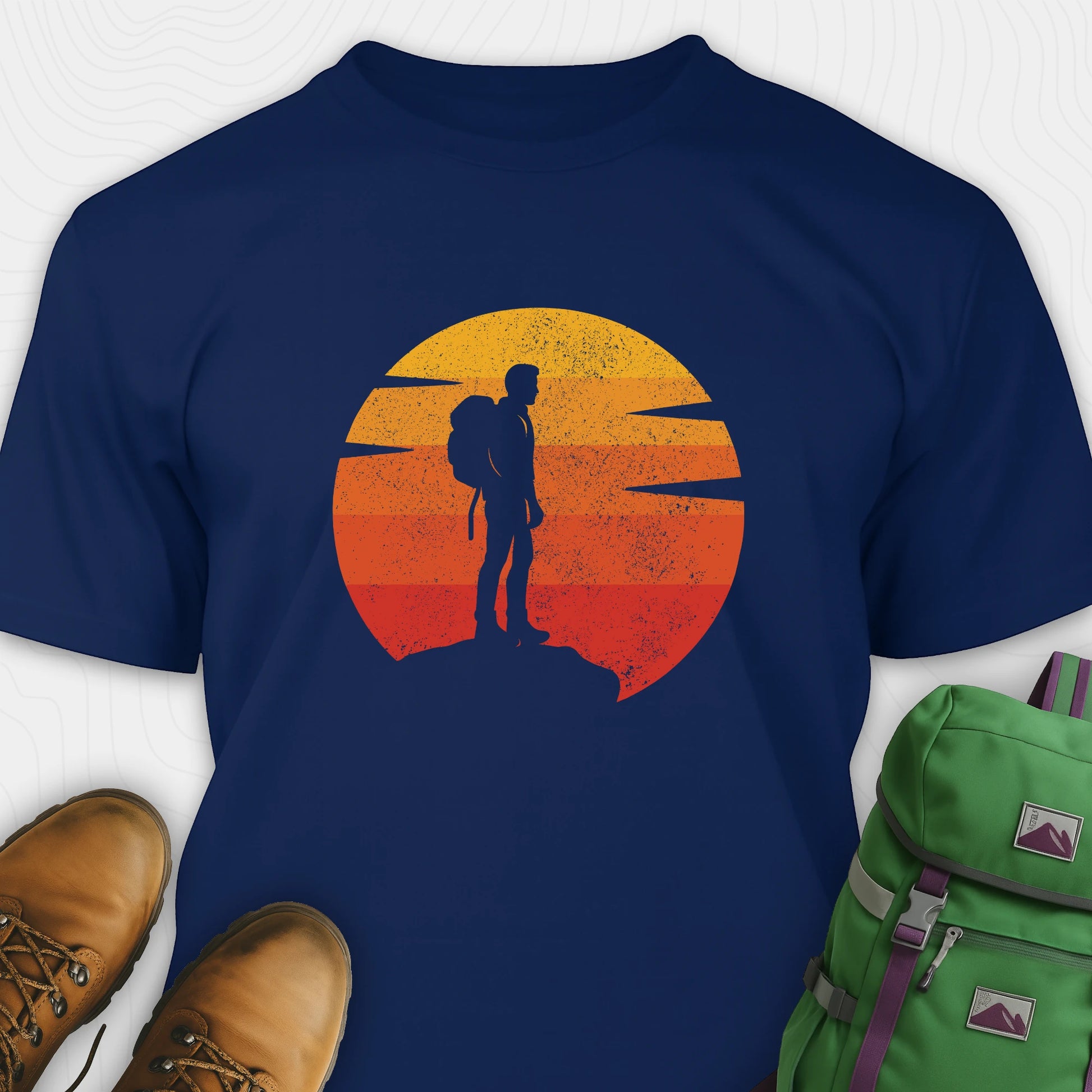 Navy retro sunset t-shirt with hiker silhouette