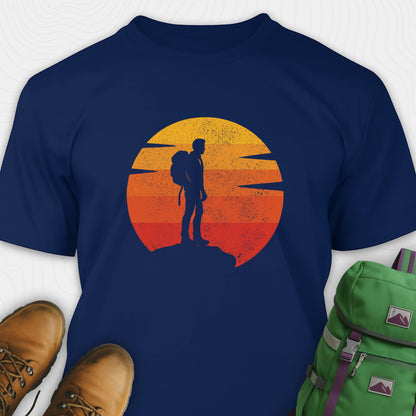 Navy retro sunset t-shirt with hiker silhouette