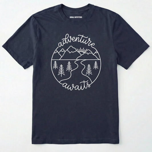 Navy adventurer shirt with 'adventure awaits' text and mountain nature design on a white background