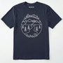 Navy adventurer shirt with 'adventure awaits' text and mountain nature design on a white background