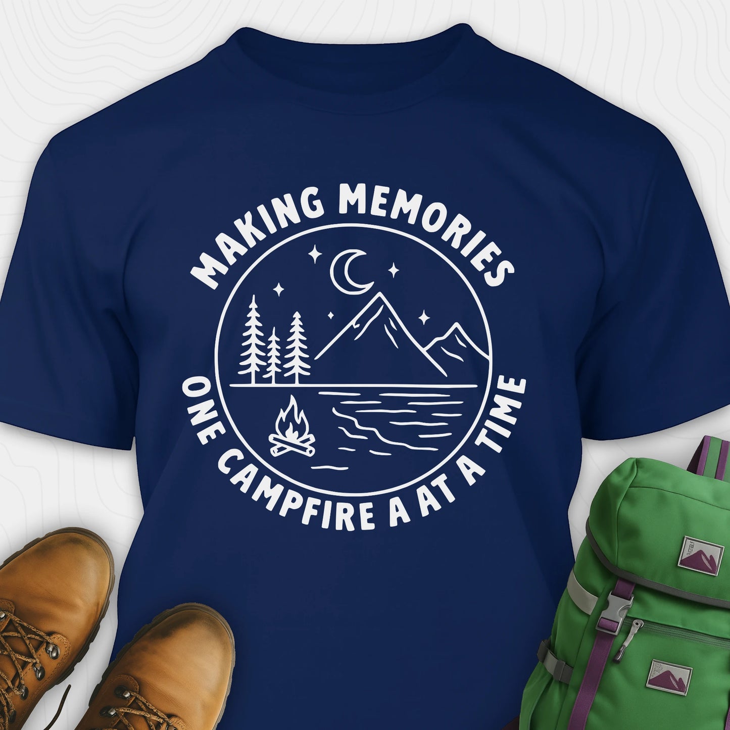 Navy making memories t-shirt with mountains and moon graphic