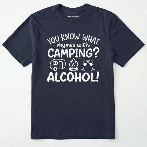 Navy you know what rhymes with camping alcohol shirt with camper, fire, and wine glass graphics on a white background.