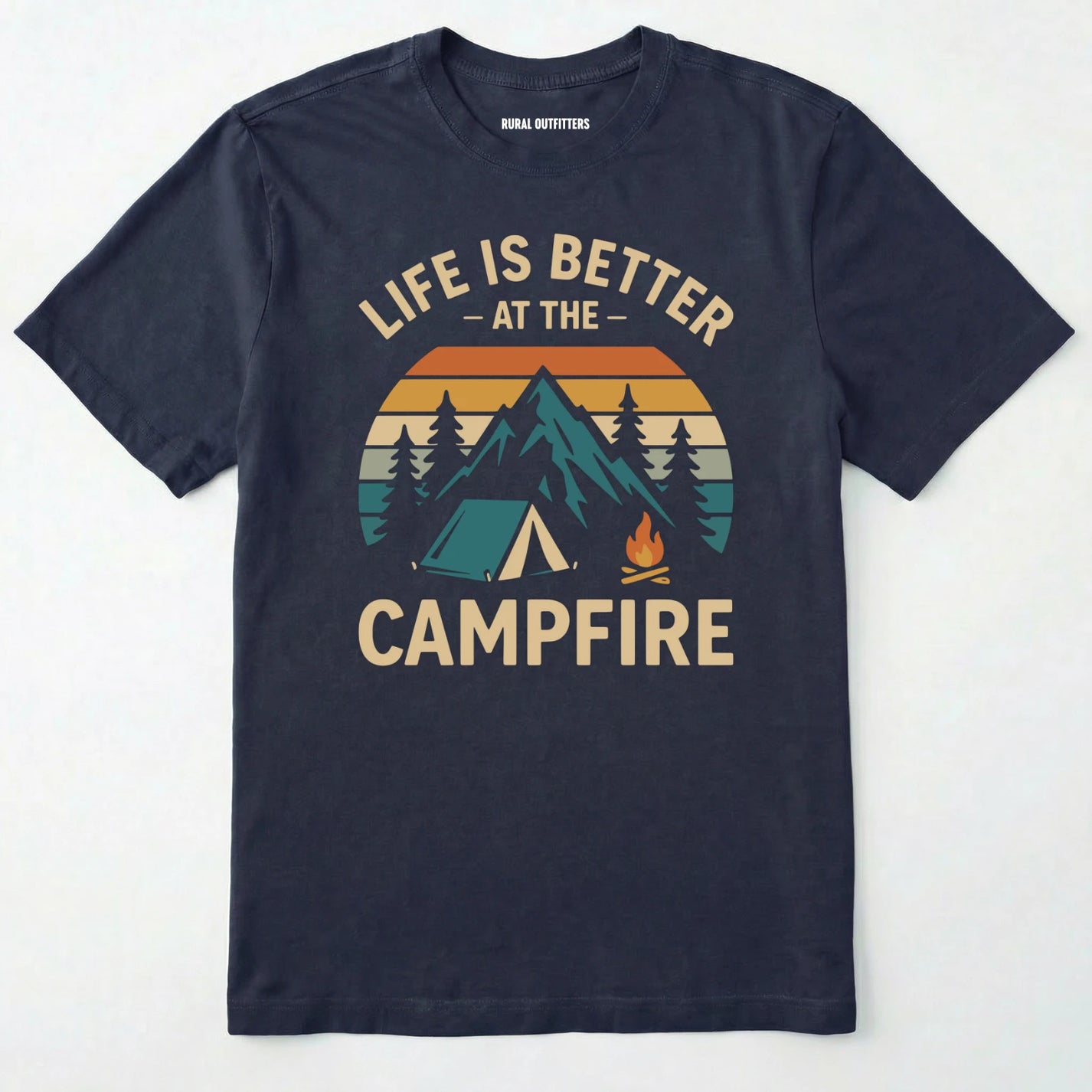 Navy life is better around the campfire shirt with tent, campfire, sunset and retro mountain graphic design on a light grey background.
