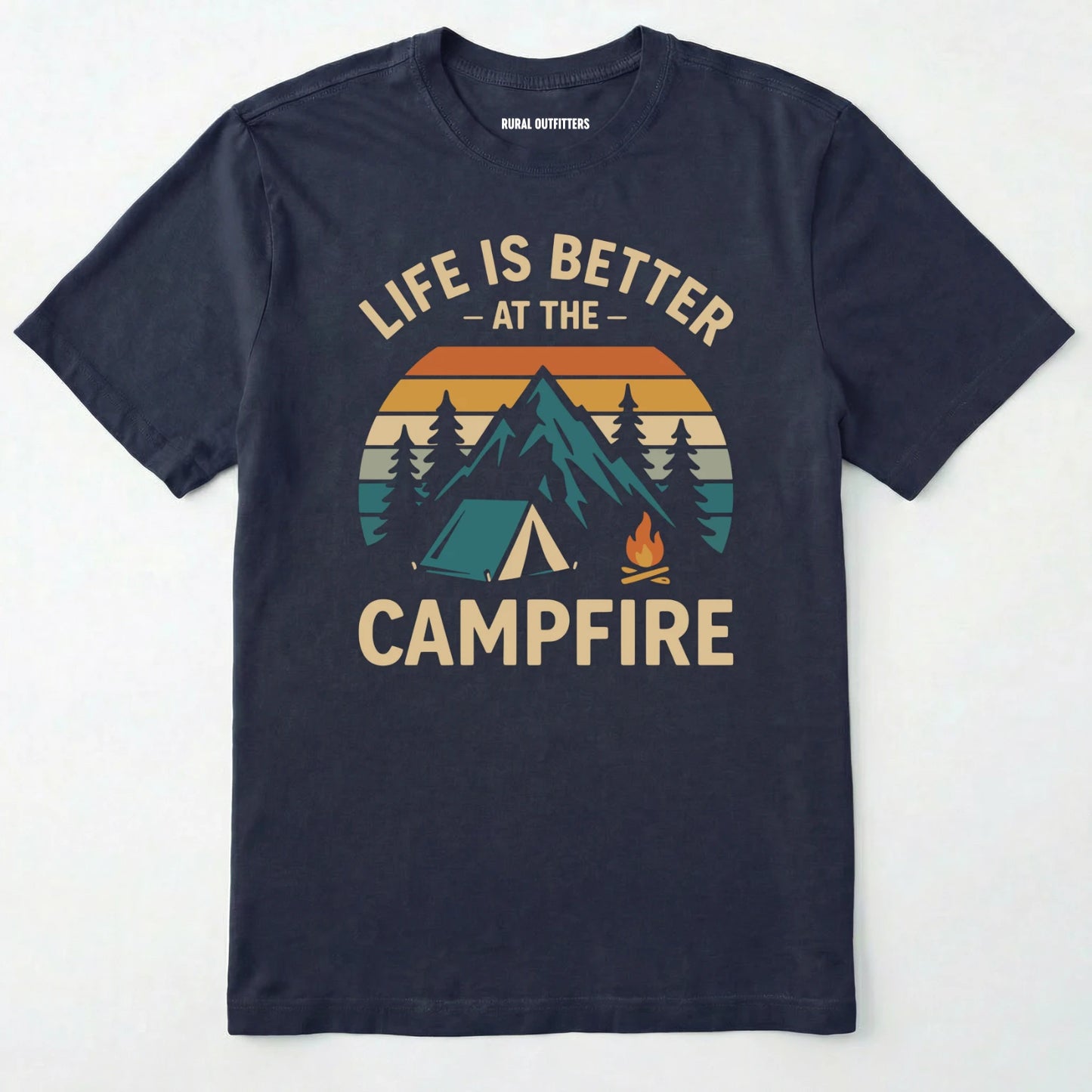 Navy life is better around the campfire shirt with tent, campfire, sunset and retro mountain graphic design on a light grey background.