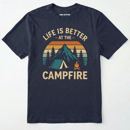 Navy life is better around the campfire shirt with tent, campfire, sunset and retro mountain graphic design on a light grey background.
