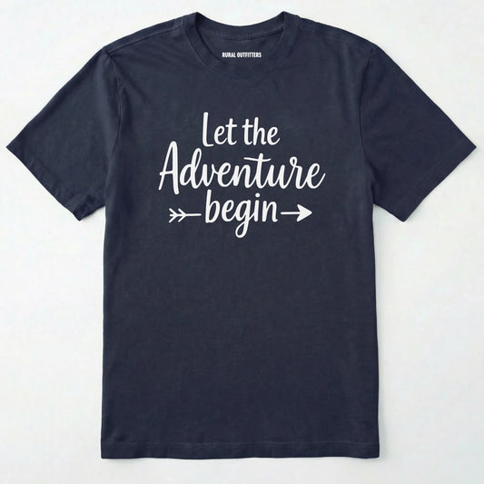 Navy let the adventure begin shirt with an inspirational quote design on a white background