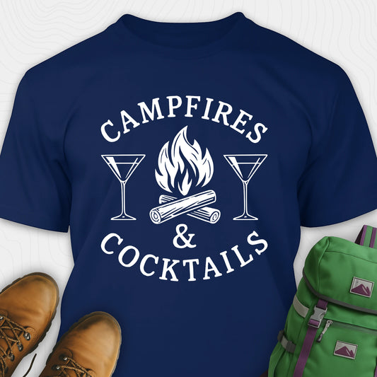 Navy campfires and cocktails shirt with martini glasses and campfire