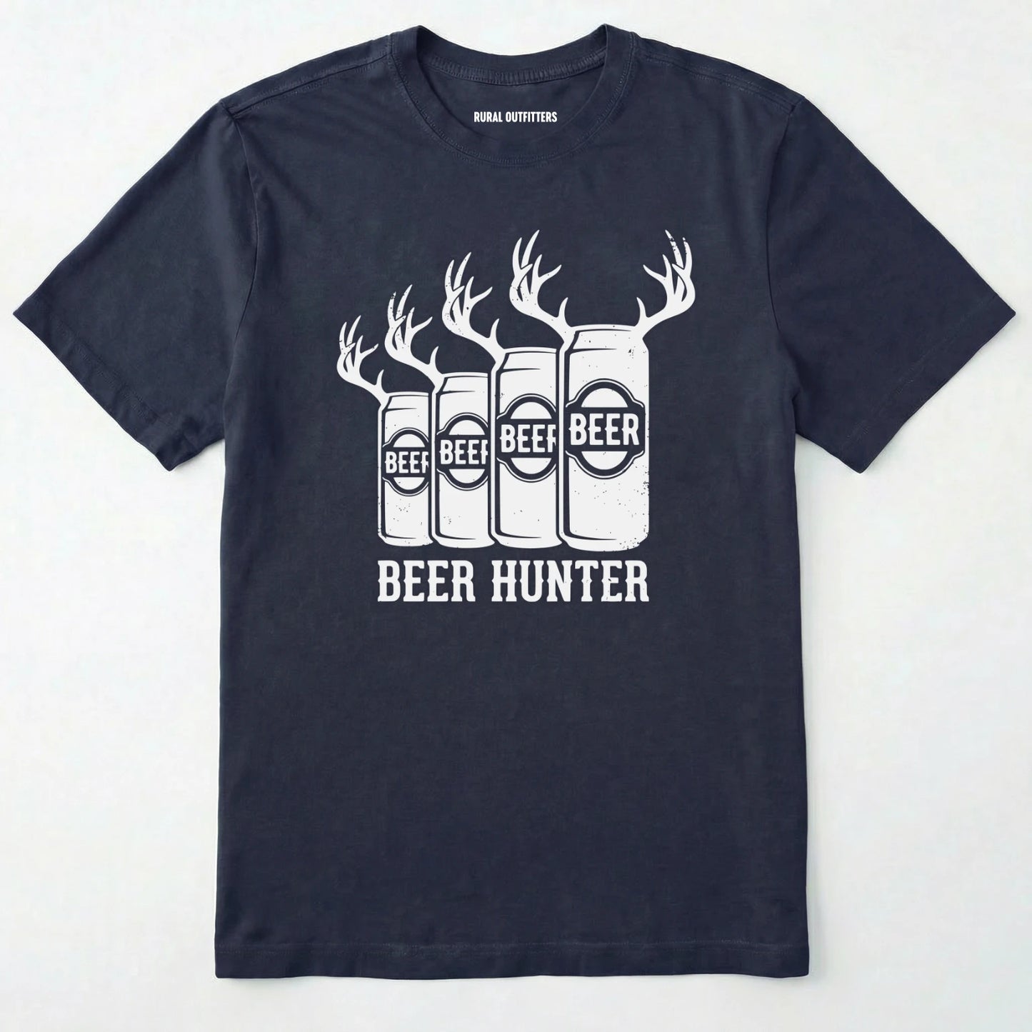 Navy t-shirt with 'beer hunter' graphic design on a white background