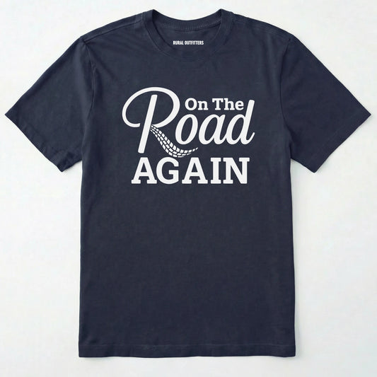 Navy road trip t-shirt with ⊜on the road again⊝ text on a white background.