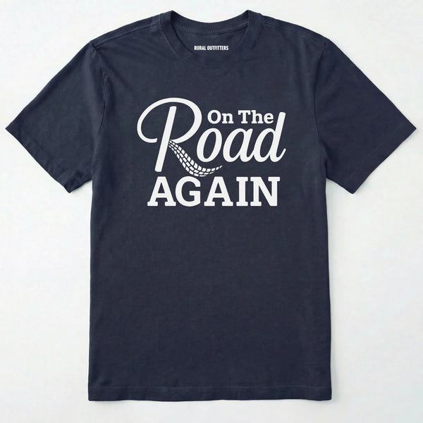 Navy road trip t-shirt with ⊜on the road again⊝ text on a white background.