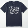 Navy road trip t-shirt with ⊜on the road again⊝ text on a white background.