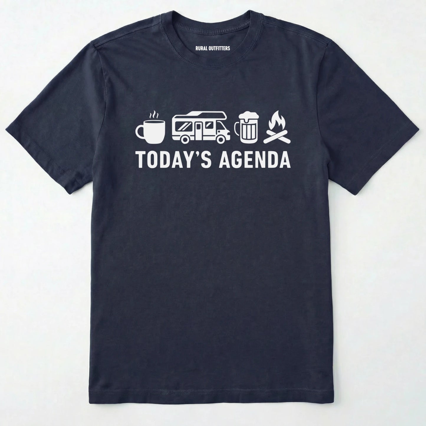 Navy rv life shirt with coffee, rv beer and campfire icons with 'today's agenda' text on a white background.