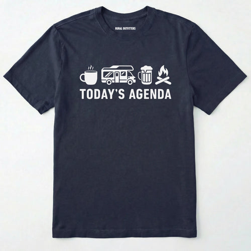 Navy RV life shirt with coffee, RV beer and campfire icons with 'today's agenda' text on a white background.