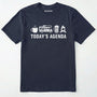 Navy rv life shirt with coffee, rv beer and campfire icons with 'today's agenda' text on a white background.
