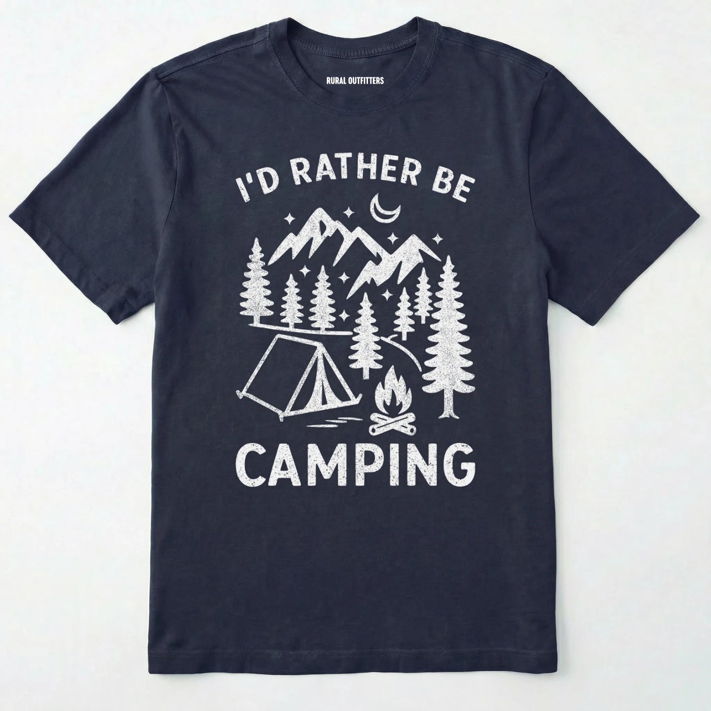 Navy t-shirt with 'i'd rather be camping' text and camping graphic on a white background