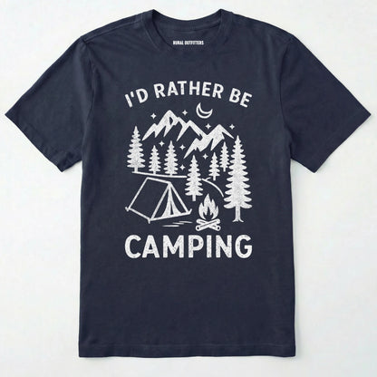 Navy t-shirt with 'i'd rather be camping' text and camping graphic on a white background